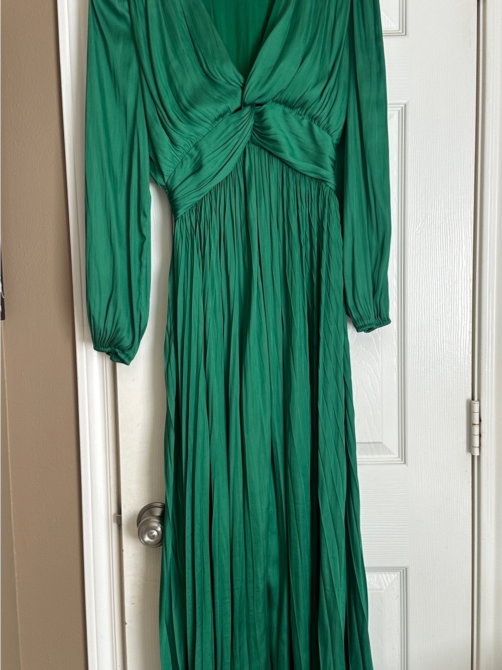 Long Sleeve Twist-Front Maxi Dress in Emerald Green